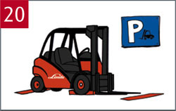 Let er bij het parkeren op, dat u op een daarvoor bestemde plaats parkeert, dat u de vorken op de grond laat zakken, de hefmast naar voren neigt, de parkeerrem inschakelt én de contactsleutel verwijdert. 